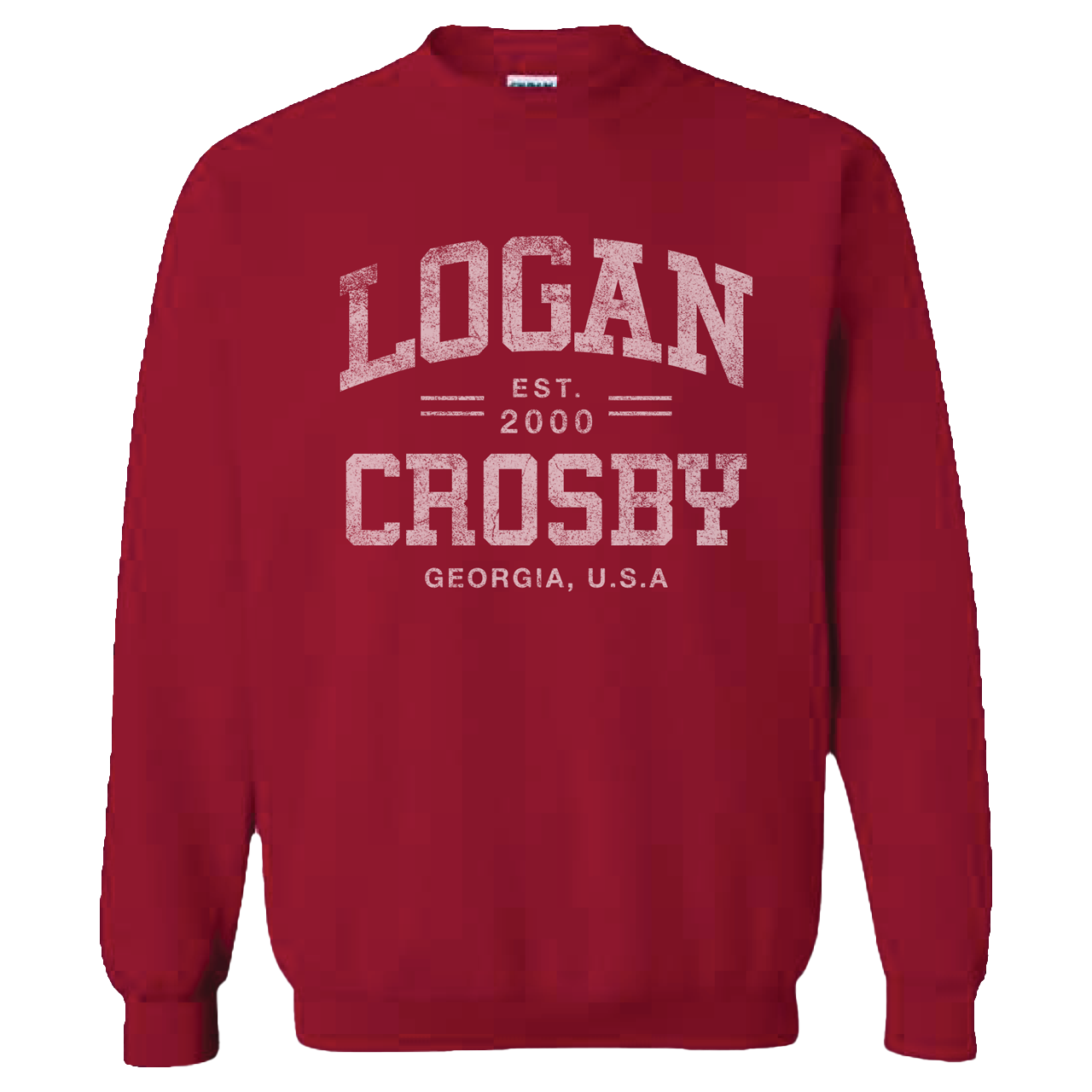 Red sweatshirt with 'Logan Crosby' text on a white background