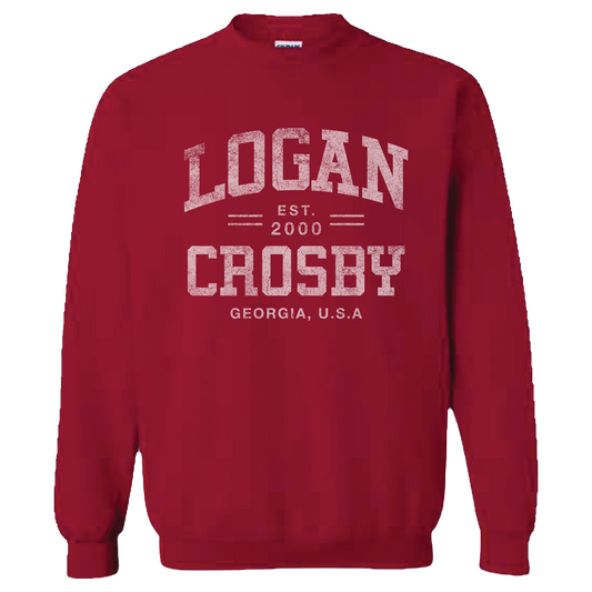 Red sweatshirt with 'Logan Crosby' text on a white background