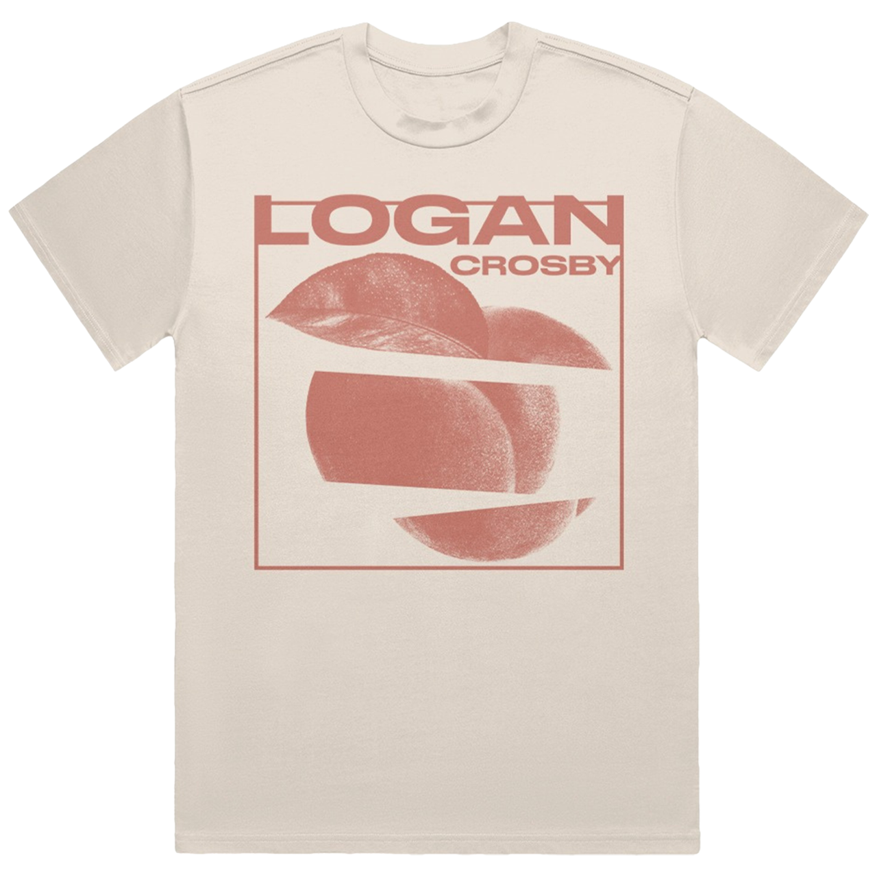 Beige t-shirt with red graphic design and 'Logan Crosby' text on a white background