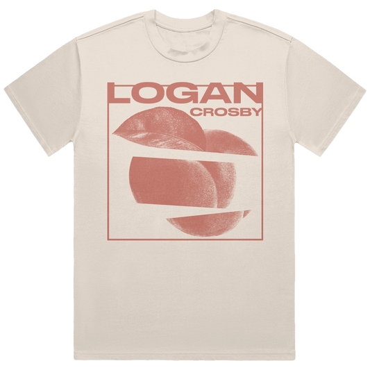 Beige t-shirt with red graphic design and 'Logan Crosby' text on a white background