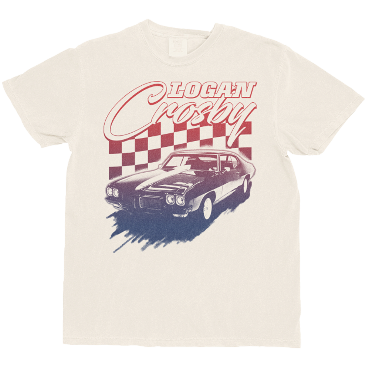 T-shirt with a graphic of a car and checkered flag design on a white background
