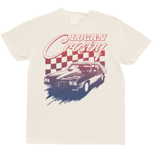 T-shirt with a graphic of a car and checkered flag design on a white background